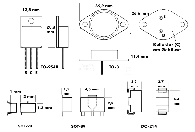 Beispiele für Transistorgehäuse: DO-, TO- und SOT-Bauform