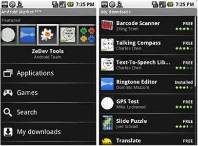 User interface of Android Market, screenshot: www.andforge.net