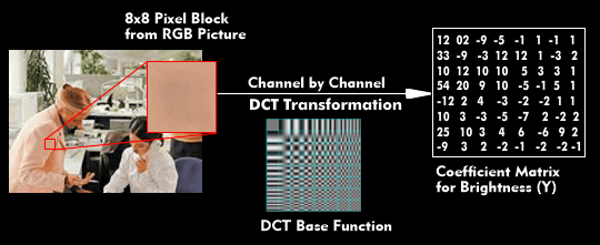 DCT transformation of an 8x8 pixel block into a coefficient matrix in JPEG.