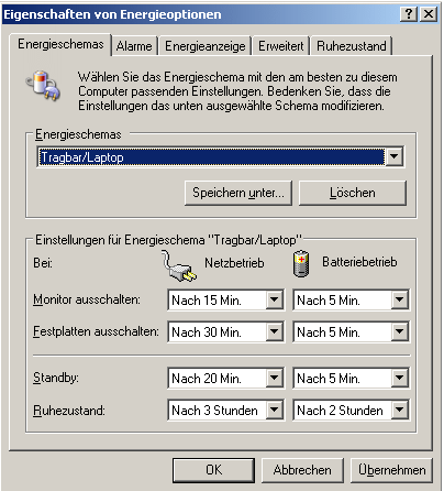 Power options in the Windows XP control panel