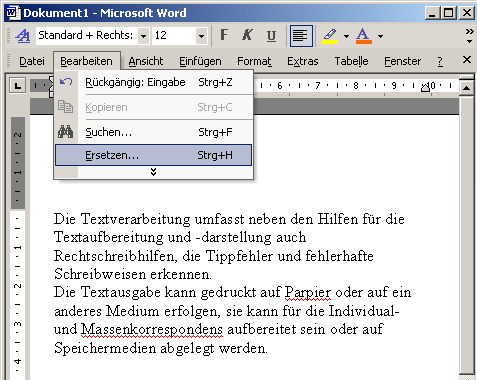Word word processing program from Microsoft with activated spelling function and editing window.