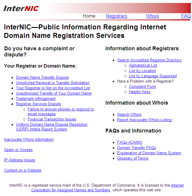 Website von Internic, www.internic.net