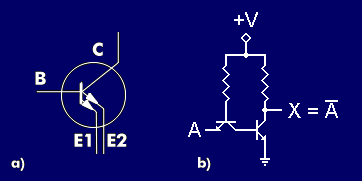 a) Multi-Emitter-Transistor als OR-Gatter, b) TTL-Logik als NOT-Gatter